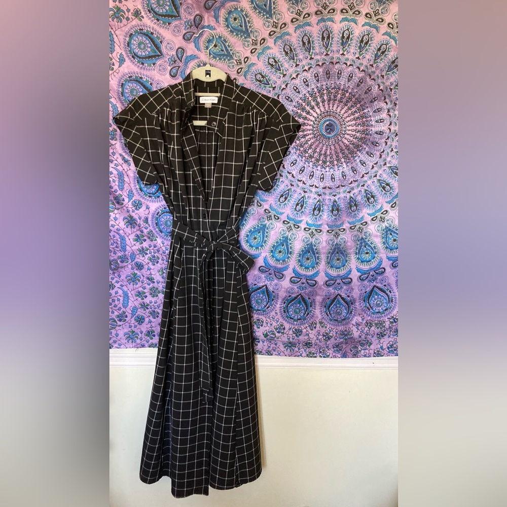 Calvin Klein Black and White Checkered Midi Dress